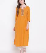 Mustard embroidered cotton cotton-kurtis