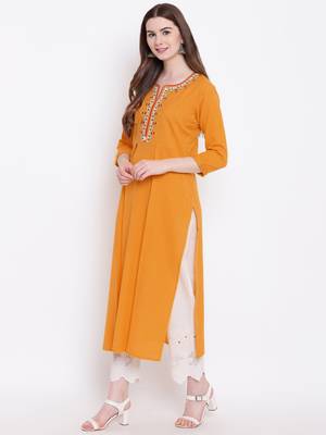 Mustard embroidered cotton cotton-kurtis 3