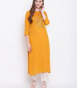 Mustard embroidered rayon ethnic-kurtis