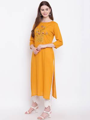 Mustard embroidered rayon ethnic-kurtis 3