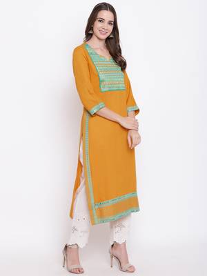Mustard embroidered rayon ethnic-kurtis 4