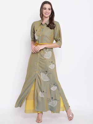 Brown embroidered rayon ethnic-kurtis 1