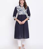 Navy-blue printed cotton cotton-kurtis