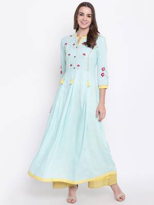 Aqua-blue embroidered rayon ethnic-kurtis 1