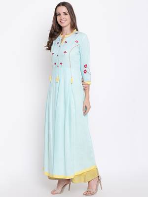 Aqua-blue embroidered rayon ethnic-kurtis 3