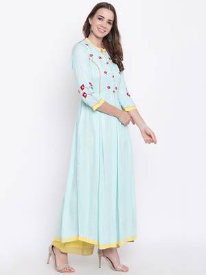 Aqua-blue embroidered rayon ethnic-kurtis 4