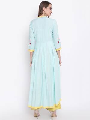 Aqua-blue embroidered rayon ethnic-kurtis 5