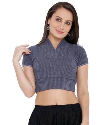 Women's Blue Knitted Lycra Readymade Stretchable Free Size Saree Blouse 1