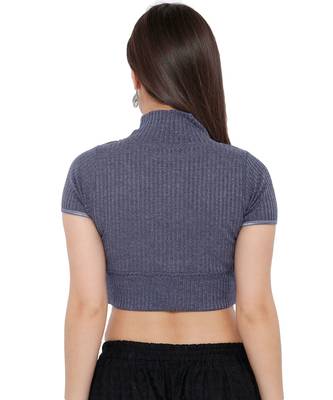 Women's Blue Knitted Lycra Readymade Stretchable Free Size Saree Blouse 2