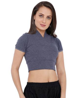 Women's Blue Knitted Lycra Readymade Stretchable Free Size Saree Blouse 3