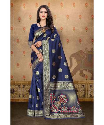 Navy Blue Woven Art Silk Saree With Blouse 1