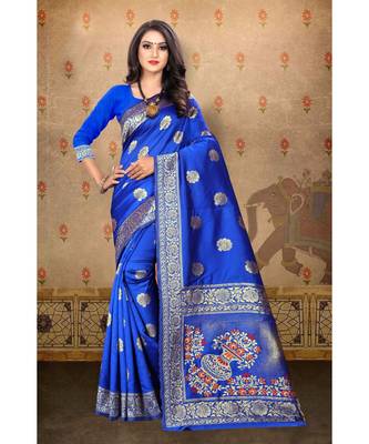 Blue Woven Art Silk Saree With Blouse 1