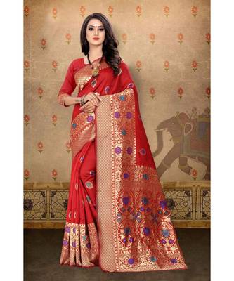 Red Woven Banarasi Saree With Blouse 1
