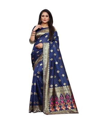 Navy Blue Woven Art Silk Saree With Blouse 1