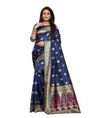 Navy Blue Woven Art Silk Saree With Blouse