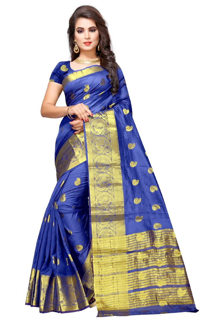Blue Weaving Cotton Silk Saree With Contras Blouse