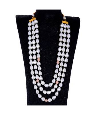 White Three Line  Baroque Pearl Royal Look Beautiful Necklace 1