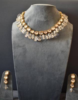 Pink Gold Tone Kundan Inspired Rose Quartz Necklace Set 1