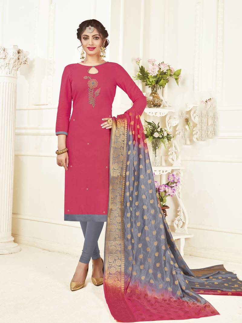 Peach South Cotton Embroidered Unstitched Dress Material - Sangam Prints -  3132810