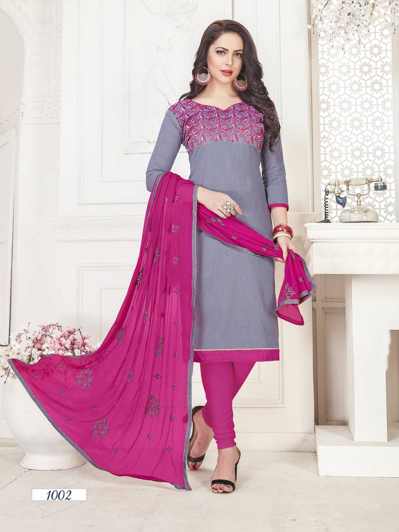 Grey South Cotton Embroidered Unstitched Dress Material - Sangam Prints -  3132834