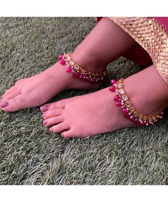 Pink Gold Tone Kundan Inspired Anklets 2