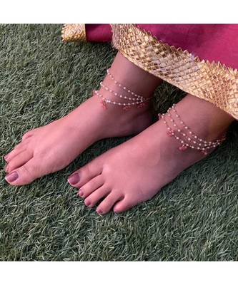 Pink Gold Tone Pearls And Rose Quartz Anklets 1