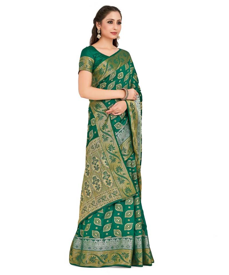 Green Woven Raw Silk Saree With Blouse