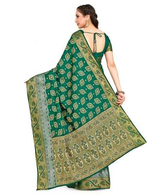 Green Woven Raw Silk Saree With Blouse 3