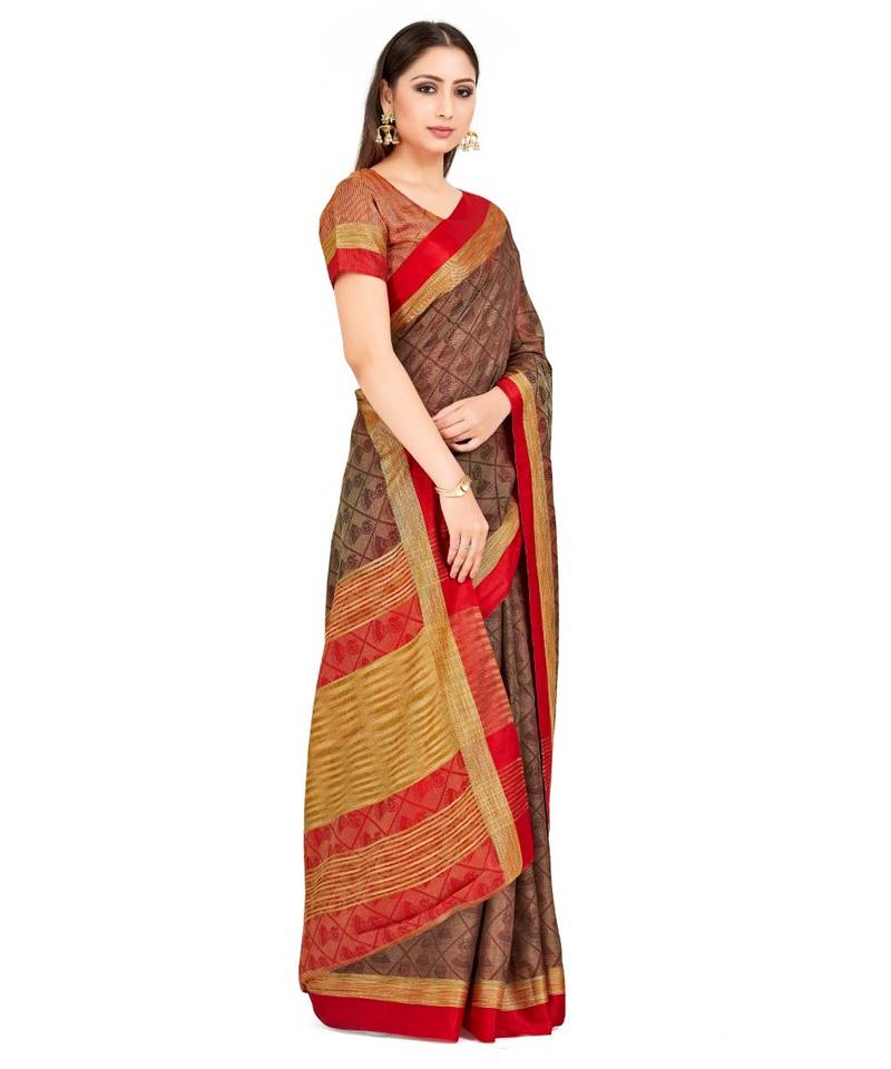 Brown Woven Tussar Silk Saree With Blouse