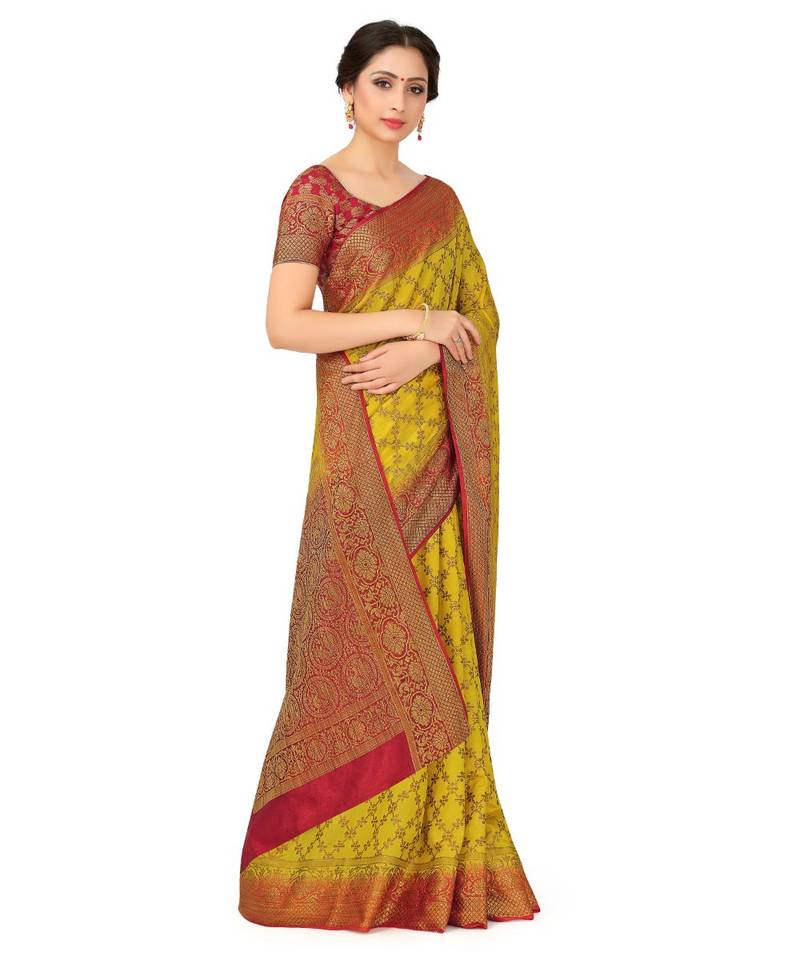 mustard woven art silk saree with blouse