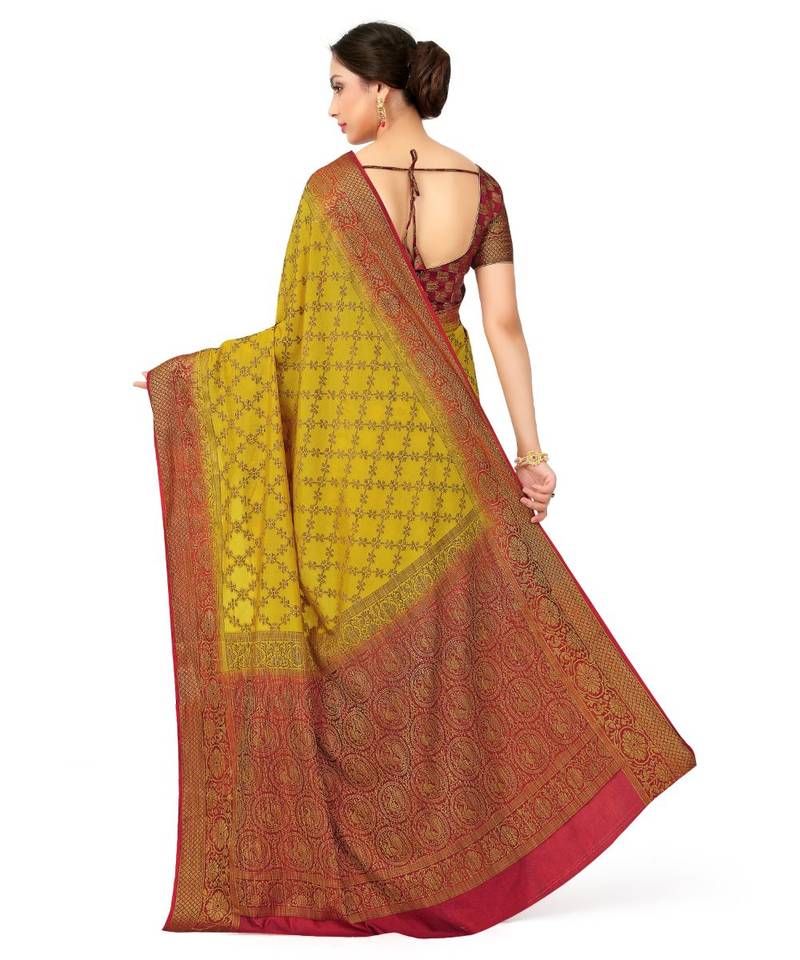 mustard woven art silk saree with blouse