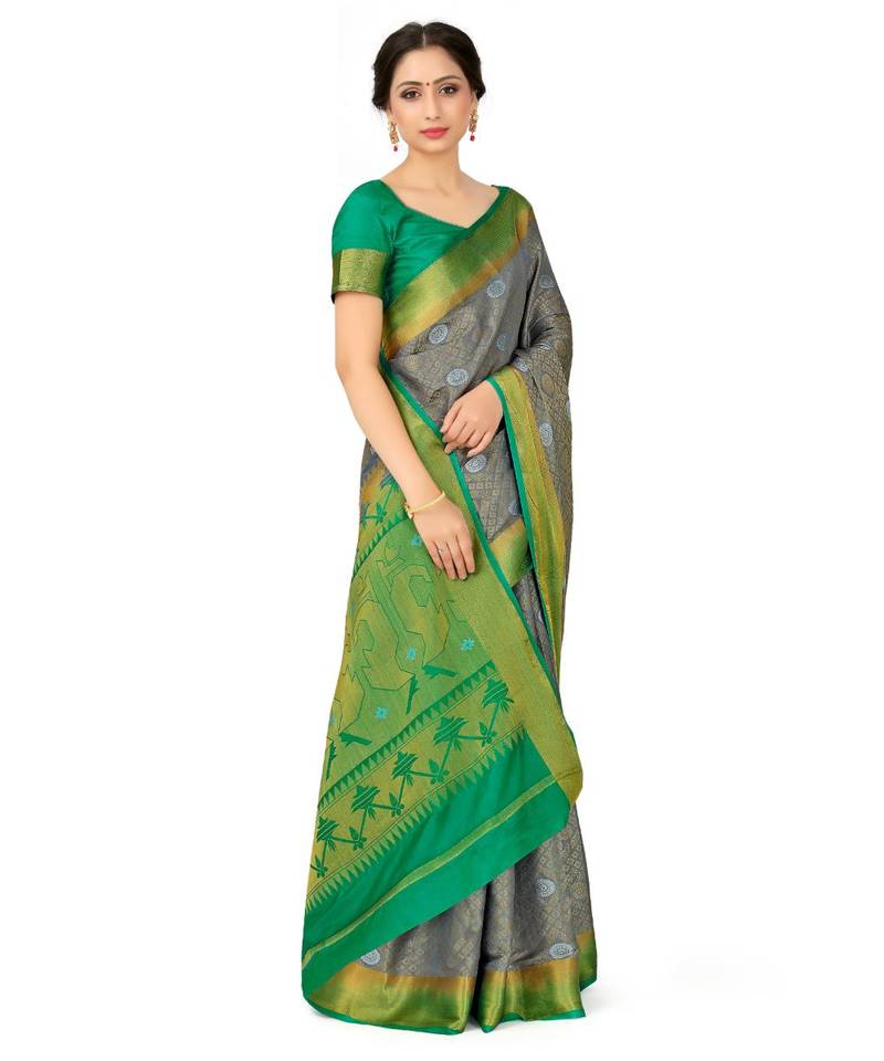 Grey Woven Art Silk Saree With Blouse