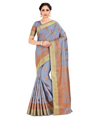 Grey Woven Tussar Silk Saree With Blouse 1