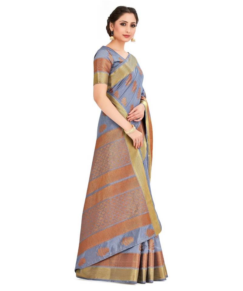 Grey Woven Tussar Silk Saree With Blouse