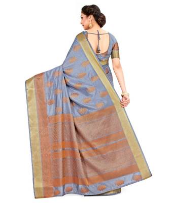 Grey Woven Tussar Silk Saree With Blouse 3