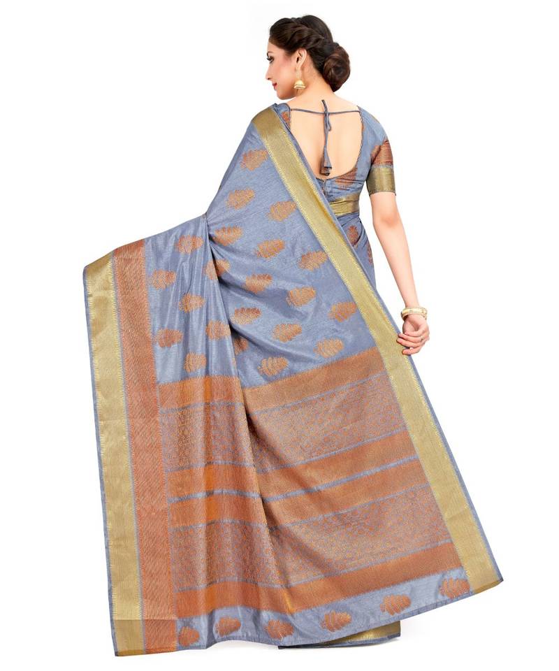 Grey Woven Tussar Silk Saree With Blouse