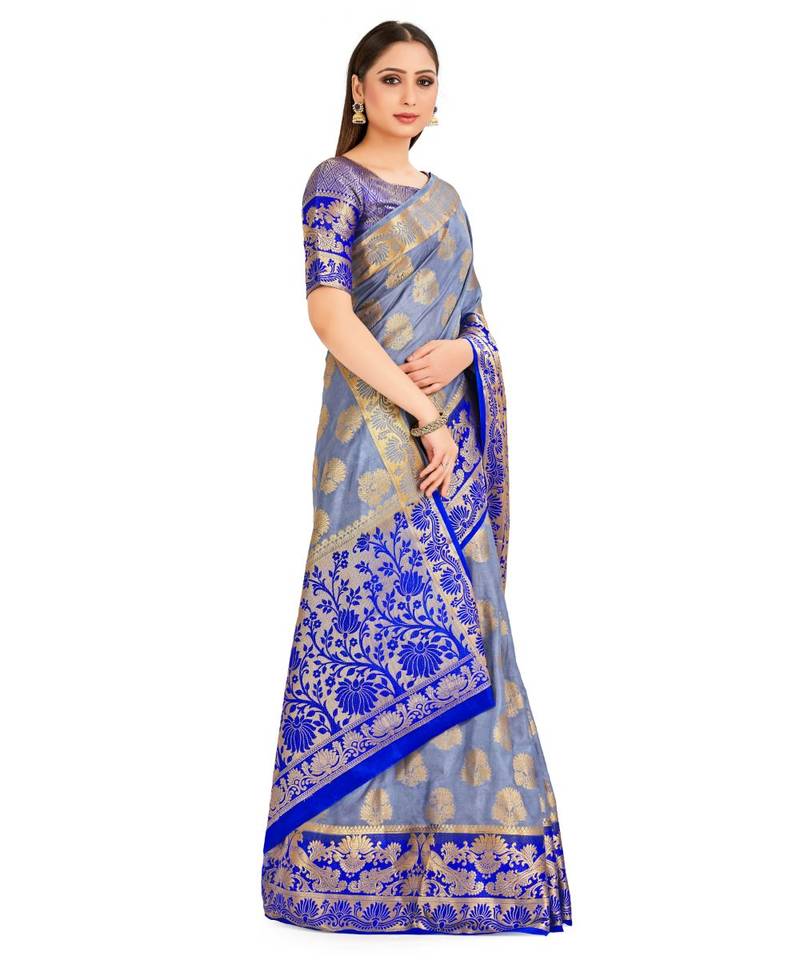 Blue Woven Art Silk Saree With Blouse