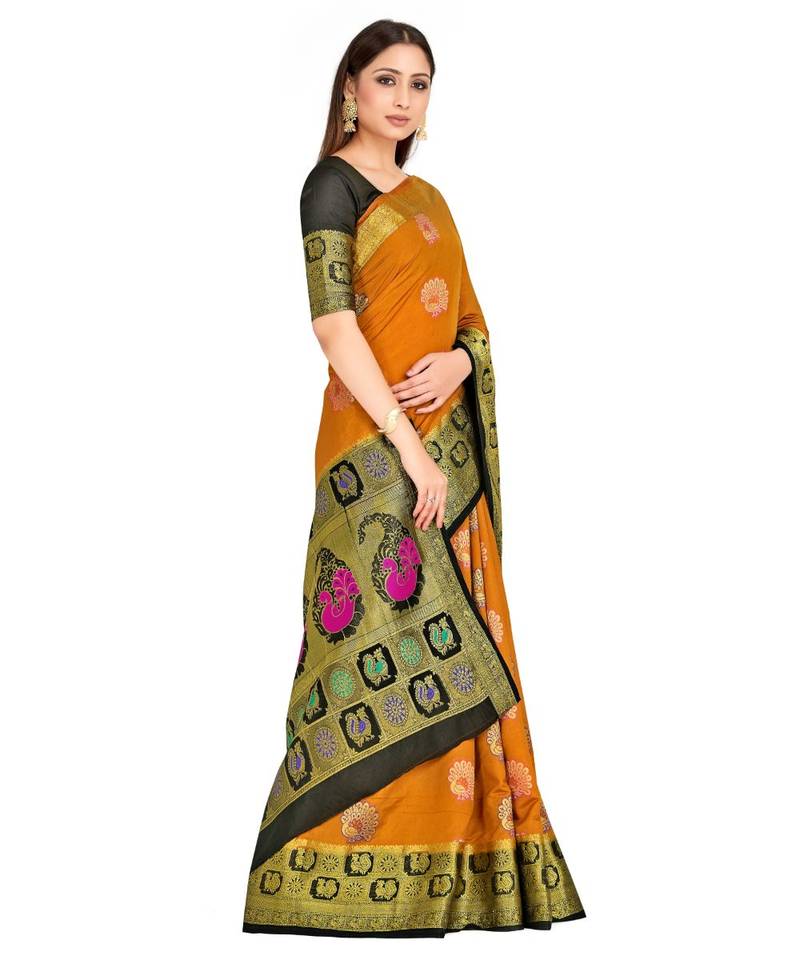 Rust Woven Art Silk Saree With Blouse