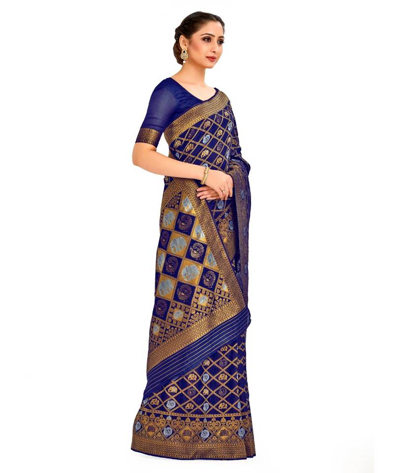 Blue Woven Art Silk Saree With Blouse