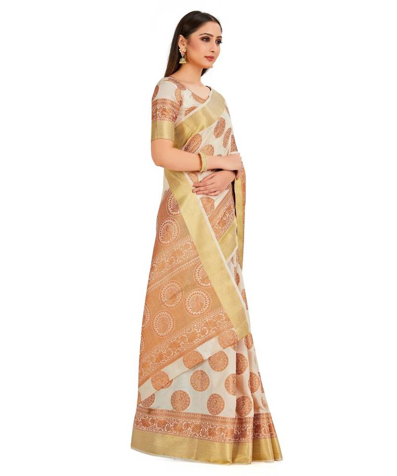 Off White Woven Art Silk Saree With Blouse