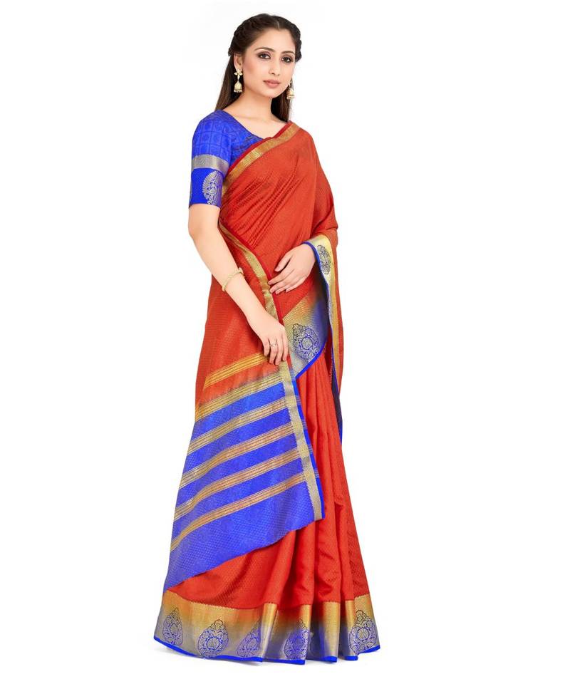 Rust Woven Art Silk Saree With Blouse