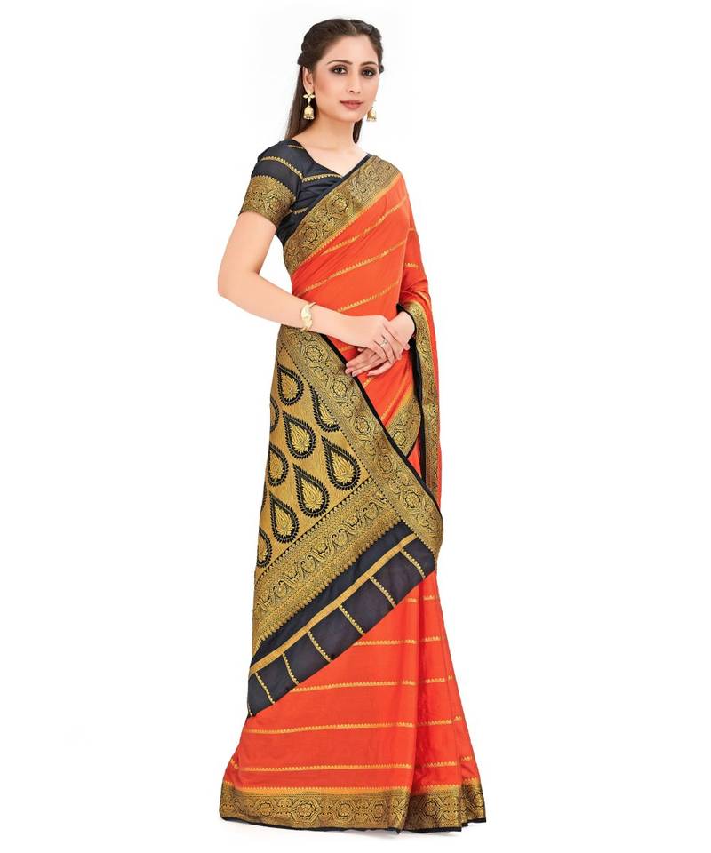Orange Woven Crepe Saree With Blouse