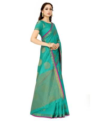 green woven tussar silk saree with blouse 2