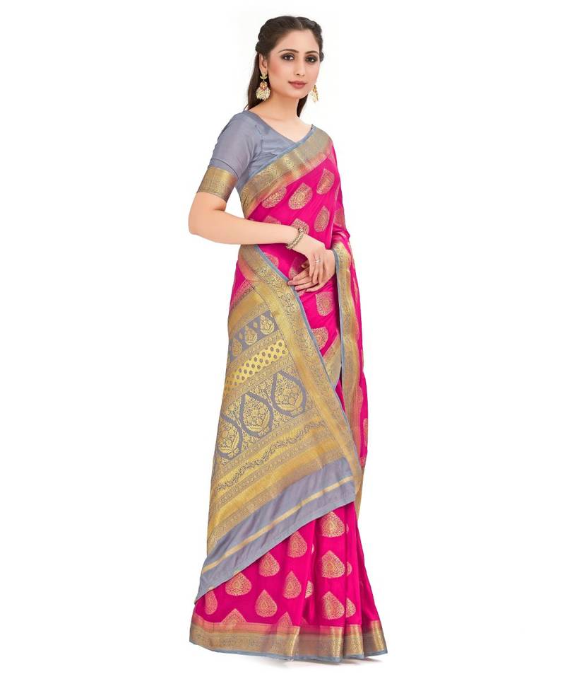Pink Woven Crepe Saree With Blouse