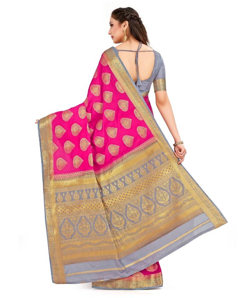Pink Woven Crepe Saree With Blouse