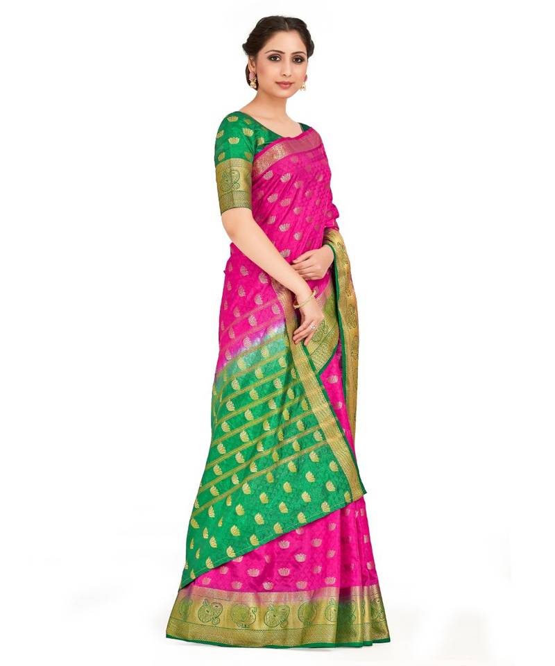 Pink Woven Art Silk Saree With Blouse
