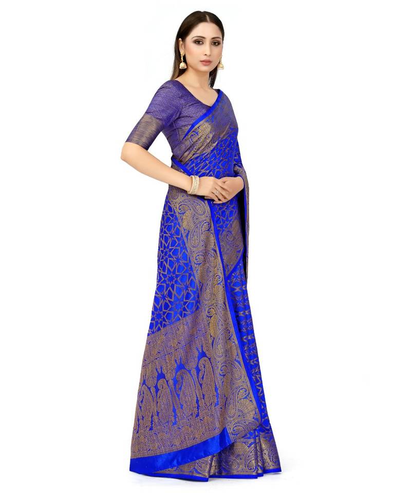 Blue Woven Art Silk Saree With Blouse