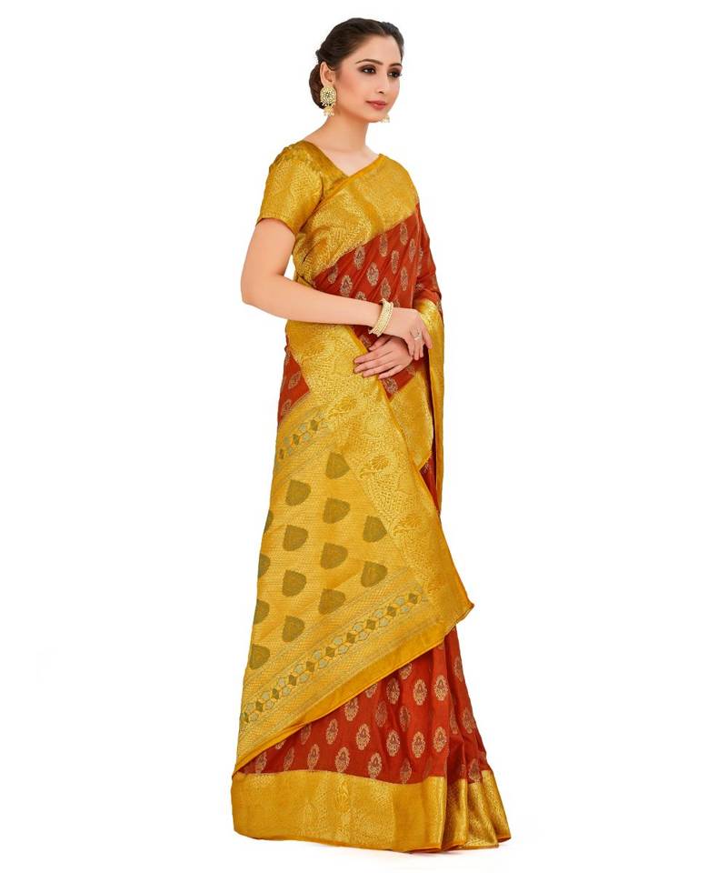 Rust Woven Art Silk Saree With Blouse