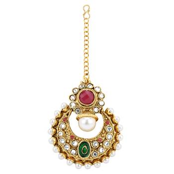 Maroon green pearl polki mang tikka Indian ethnic copper hair jewelry ADIVA AB50 4