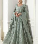 Sea-green thread embroidery
 net semi stitched lehenga